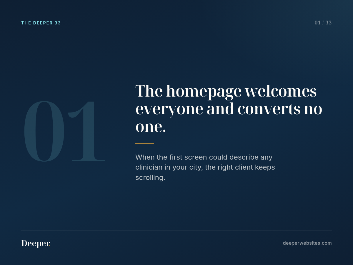 The Deeper 33, pattern 01: The homepage welcomes everyone and converts no one.