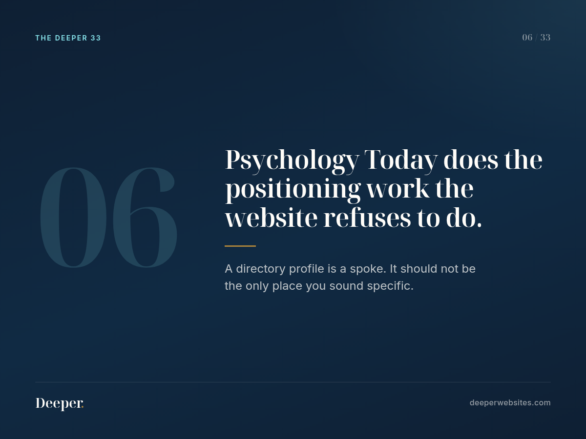 The Deeper 33, pattern 06: Psychology Today does the positioning work the website refuses to do.