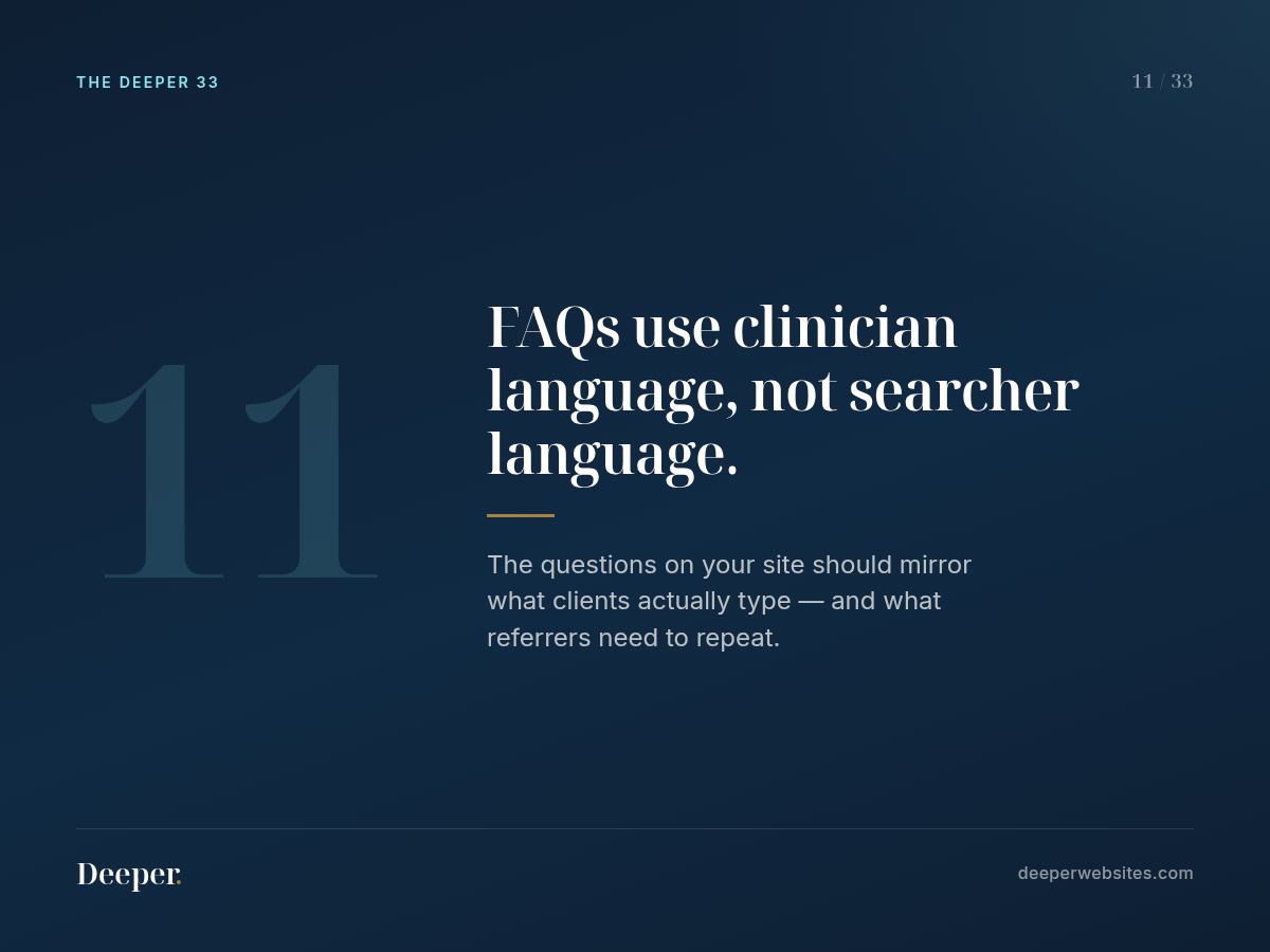 The Deeper 33, pattern 11: FAQs use clinician language, not searcher language.