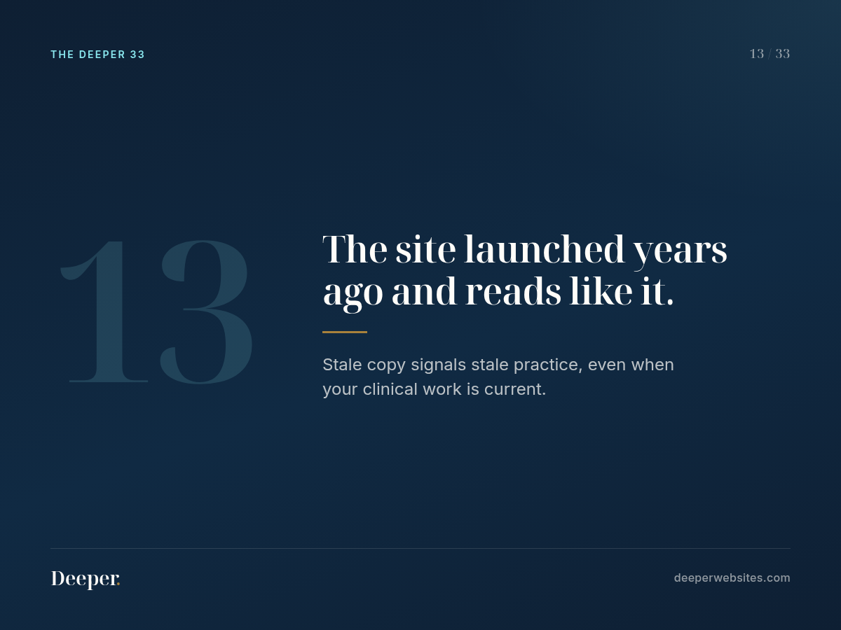 The Deeper 33, pattern 13: The site launched years ago and reads like it.