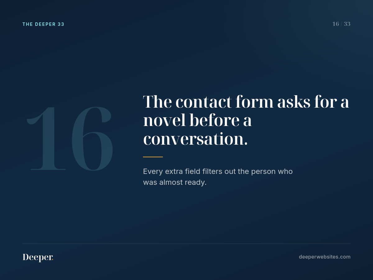 The Deeper 33, pattern 16: The contact form asks for a novel before a conversation.