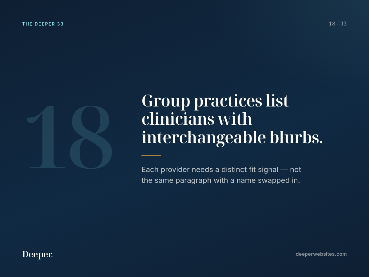 The Deeper 33, pattern 18: Group practices list clinicians with interchangeable blurbs.