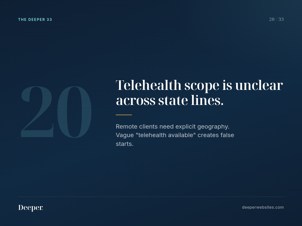 The Deeper 33, pattern 20: Telehealth scope is unclear across state lines.