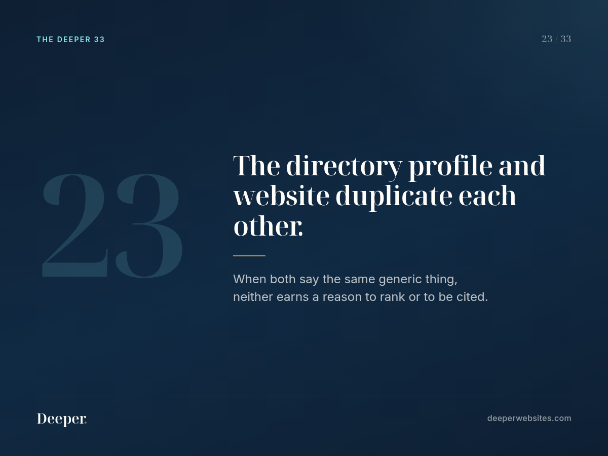 The Deeper 33, pattern 23: The directory profile and website duplicate each other.