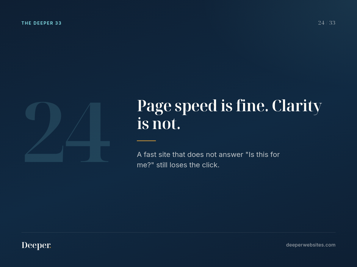 The Deeper 33, pattern 24: Page speed is fine. Clarity is not.