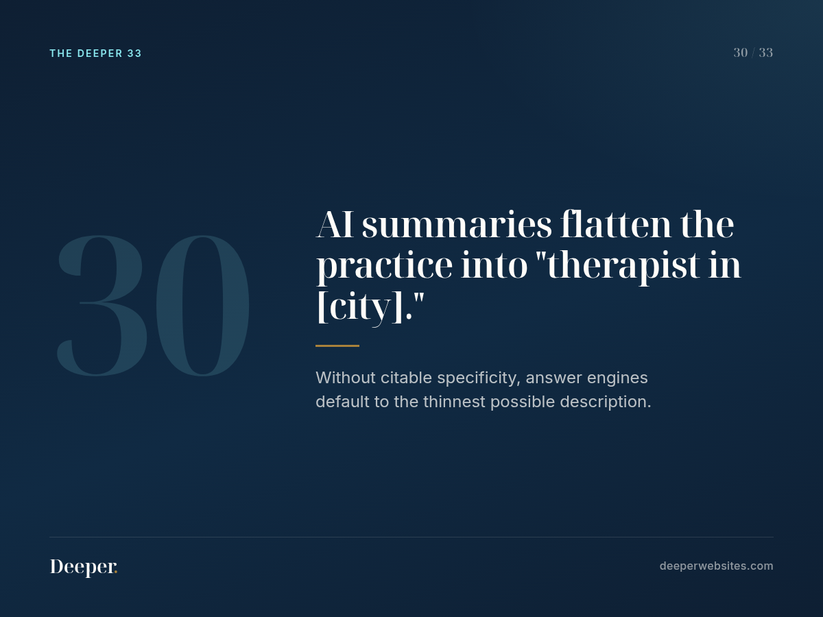 The Deeper 33, pattern 30: AI summaries flatten the practice into "therapist in [city].".