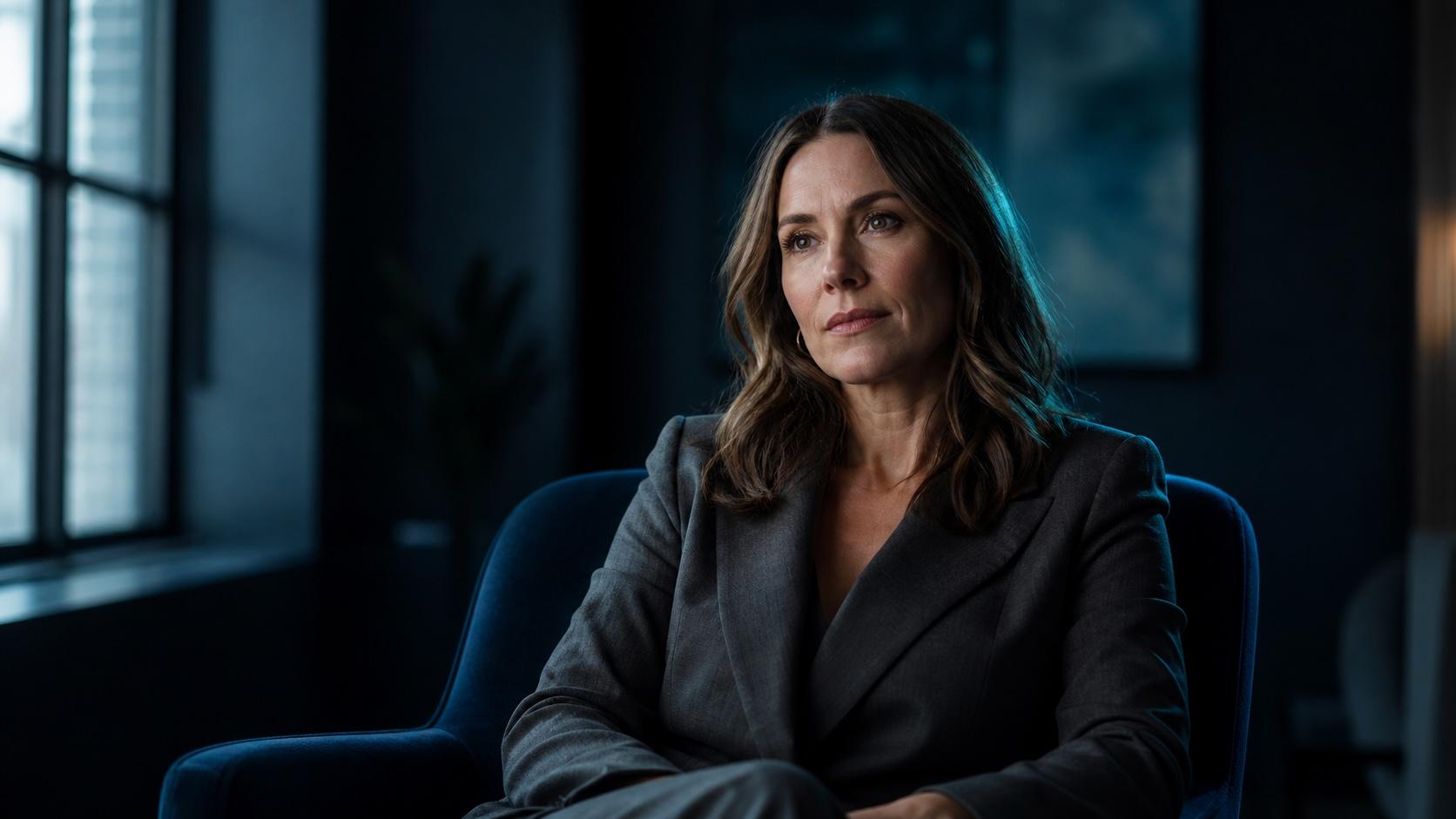 A therapist seated in a dark, cinematic office
