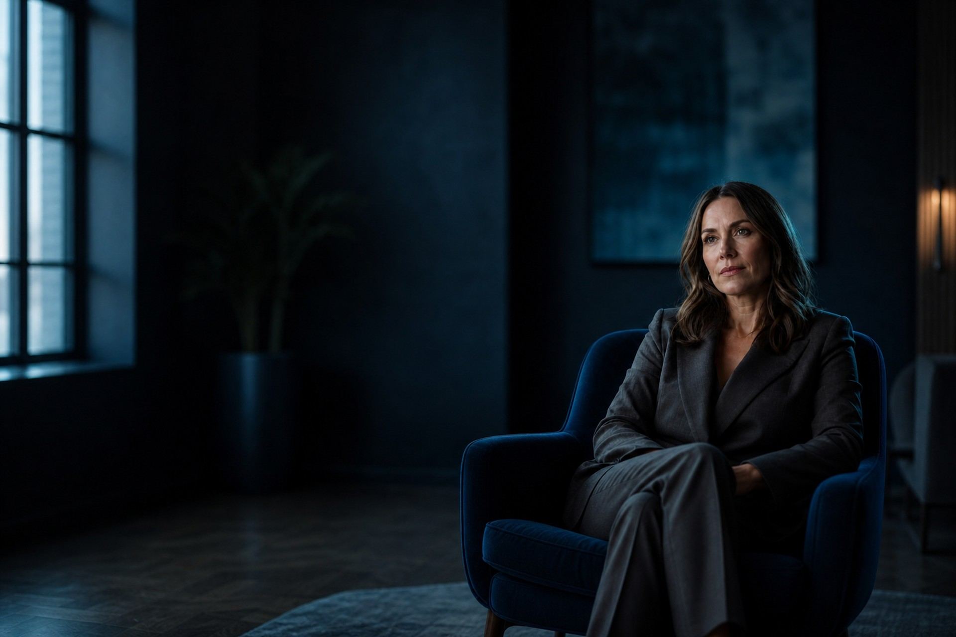 A therapist seated in a dark, cinematic office
